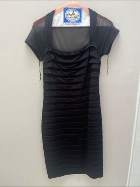 Maggy London Black Layered Midi Dress with Sheer Cap Sleeves